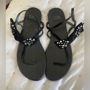 Stuart Weitzman Black Sandals with Rhinestone Bow